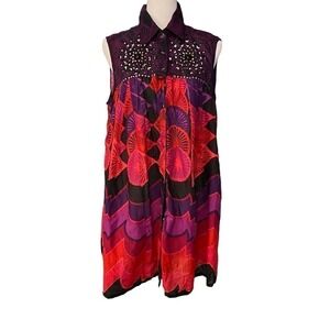 Ritu Kumar Red Purple Snap Up Eyelet Lace Beaded Multicolor Sleeveless Tunic L